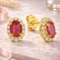 Damen Ohrstecker 333 Gelbgold mit Rubin und 28 weißen Zirkonia - 9mm