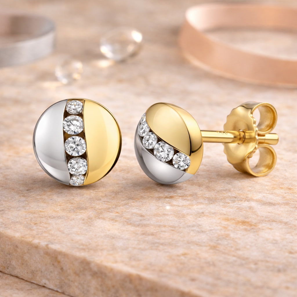 Damen Ohrstecker aus 375er Gelbgold bicolor mit Zirkonia 55mm - Goldschmuck