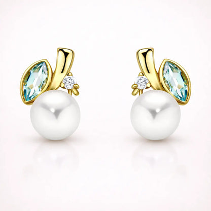 Damen Ohrstecker 375 Gold Topas blau Zirkonia - Perle 6mm