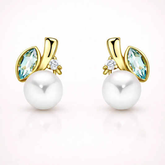 Damen Ohrstecker 375 Gold Topas blau Zirkonia - Perle 6mm