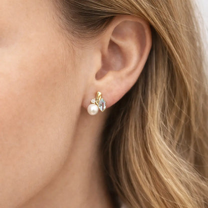 Damen Ohrstecker 375 Gold Topas blau Zirkonia - Perle 6mm