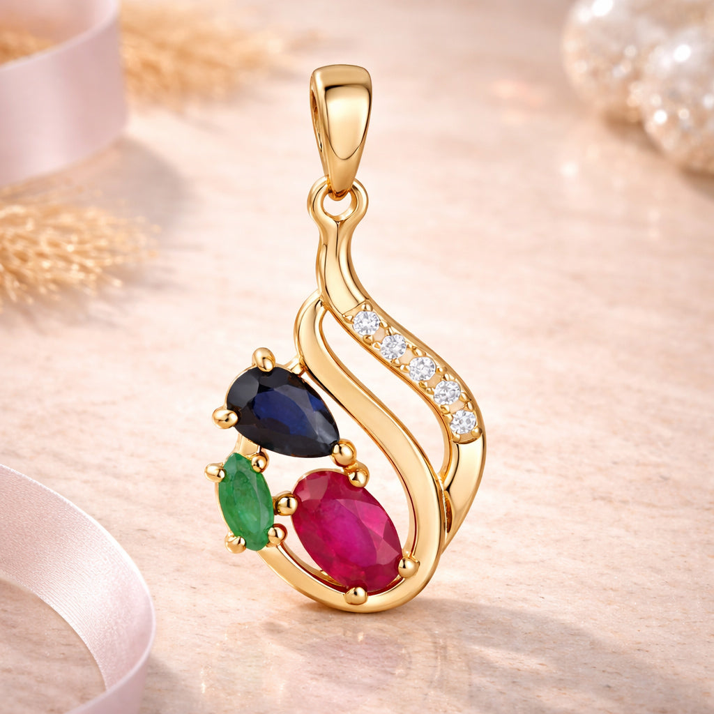 Damen Anhänger 375 Gelbgold 5 Zirkonia 2,3cm - Edelsteine Rubin, Saphir, Smaragd