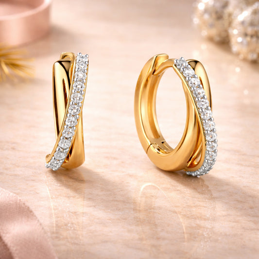 Damen Klappcreolen 375 Gelbgold bicolor mit 26 Zirkonia - 14mm