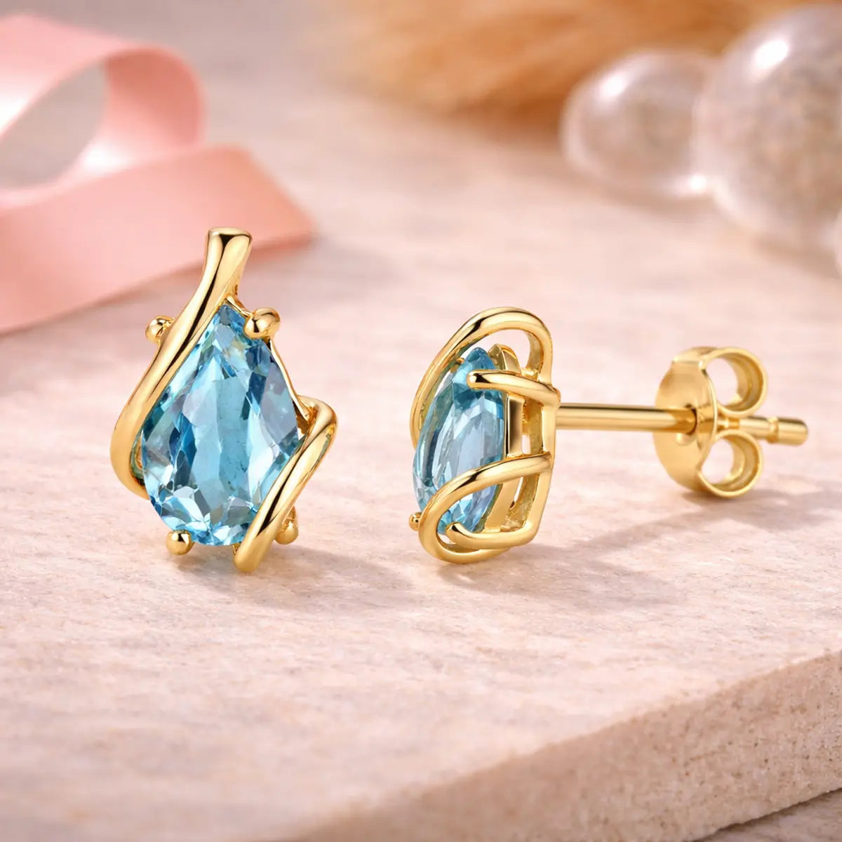 Ohrstecker Damen 375 Gelbgold Blautopas 4x6mm