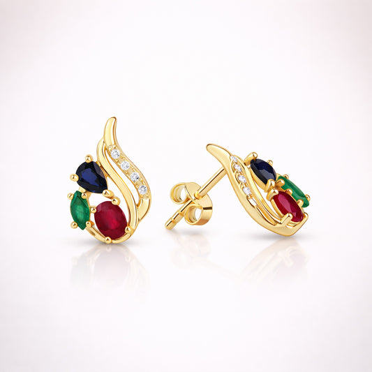 Damen Ohrstecker 375 Gelbgold mit Rubin Saphir Smaragd & Zirkonia - 1,3cm