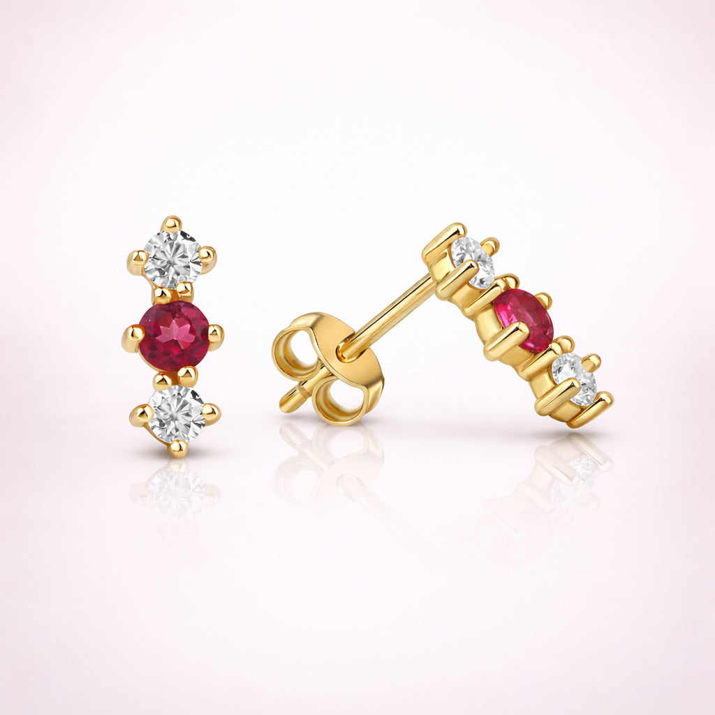 Damen Ohrstecker 375 Gelbgold mit weißen Zirkonia und pinken Topasen - 1,0cm