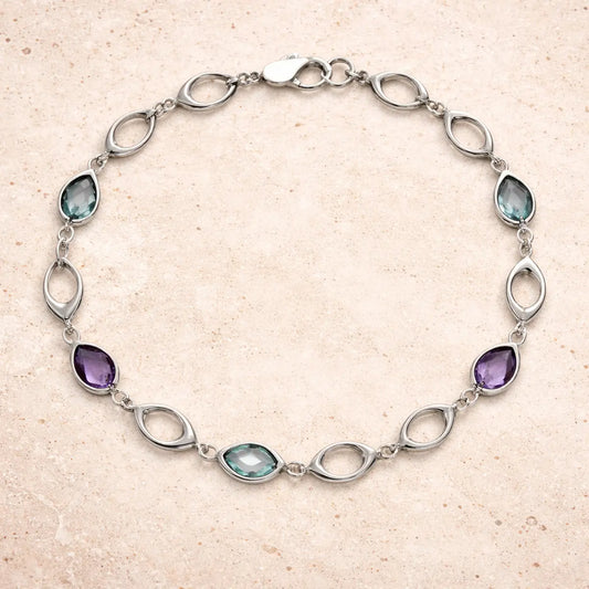 Armband Damen 375 Weißgold mit Amethyst und Blautopas - 19cm