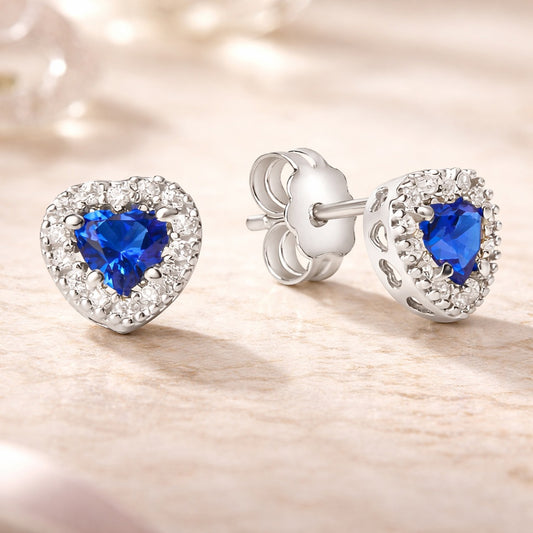 Ohrstecker Damen 375 Weißgold Herz 7mm blau Zirkonia mit weißem Pavé