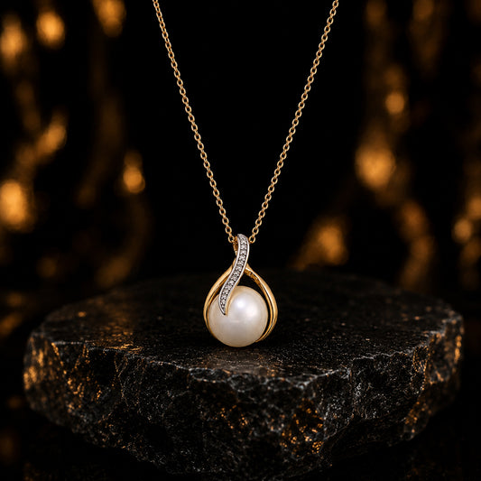 Anhänger Damen 585 Gelbgold mit Süßwasser-Zuchtperle und 6 Diamanten Brillanten 0,025 ct - optional mit Ankerkette 45cm