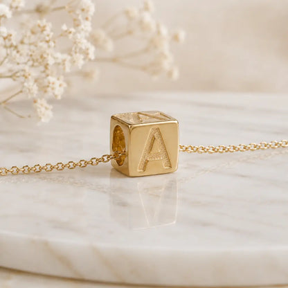 3+1 Aktion - Buchstaben Würfel Anhänger Damen 585 Gold teilmattiert - Optional mit Ankerkette 45cm