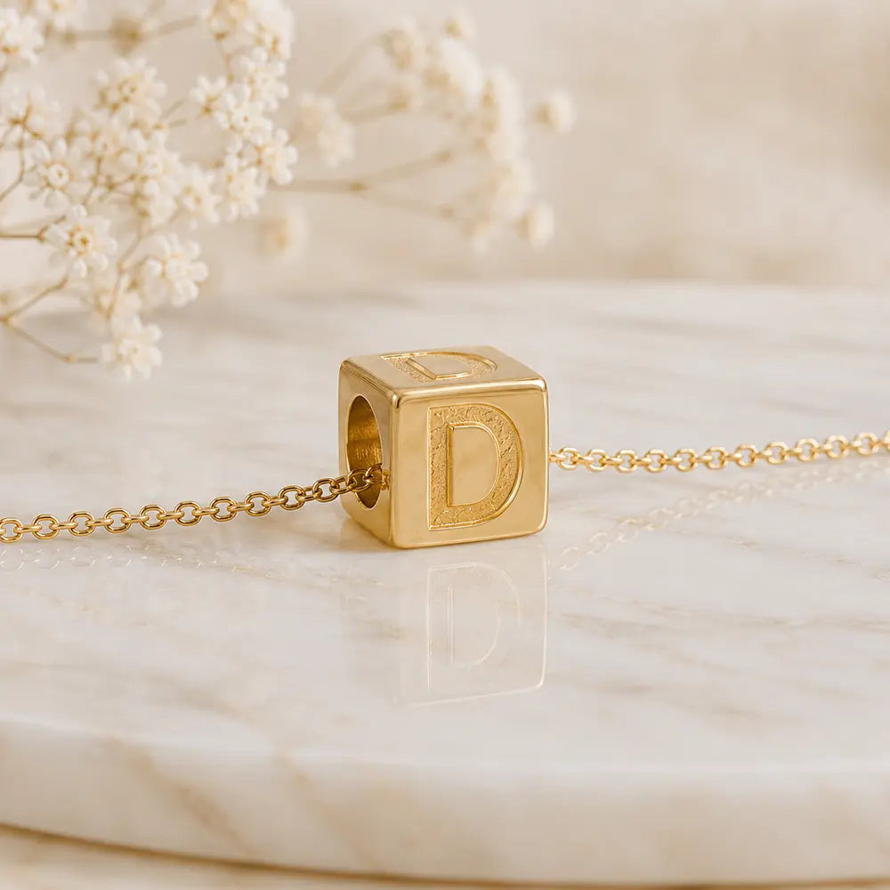 3+1 Aktion - Buchstaben Würfel Anhänger Damen 585 Gold teilmattiert - Optional mit Ankerkette 45cm