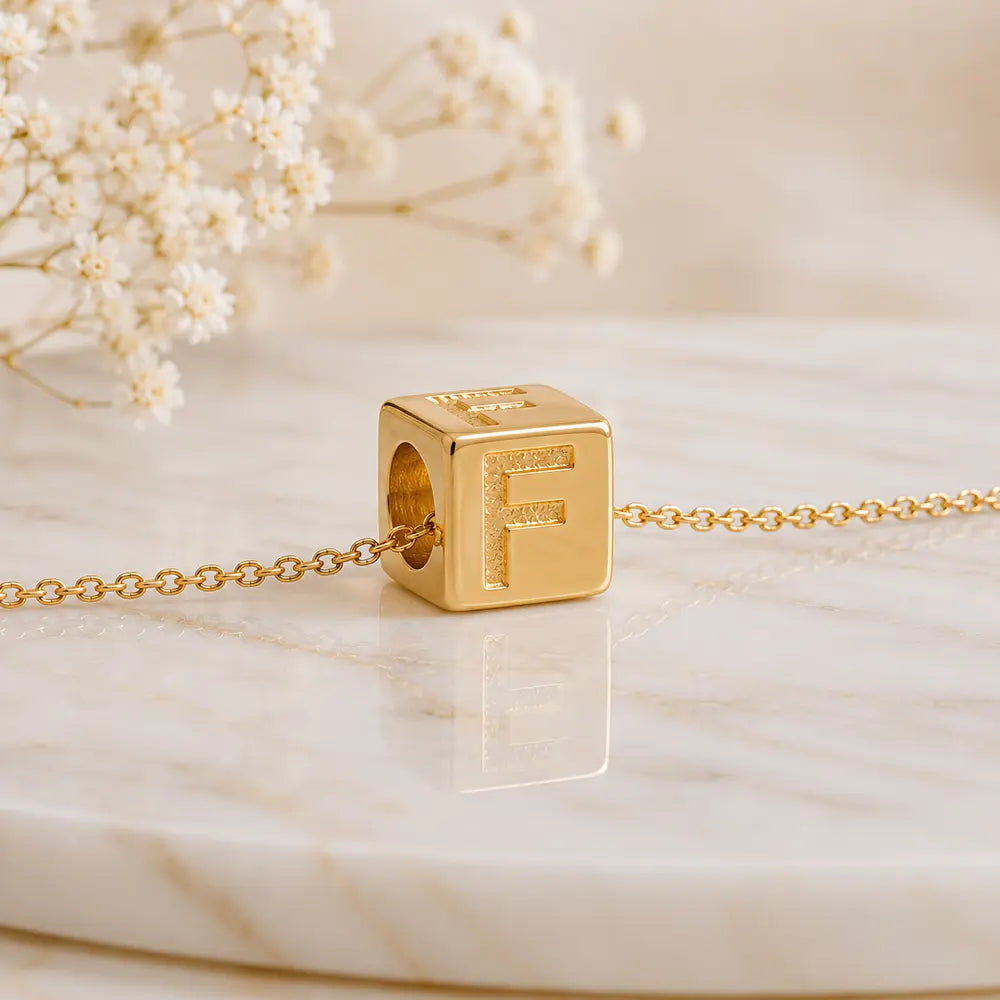 3+1 Aktion - Buchstaben Würfel Anhänger Damen 585 Gold teilmattiert - Optional mit Ankerkette 45cm