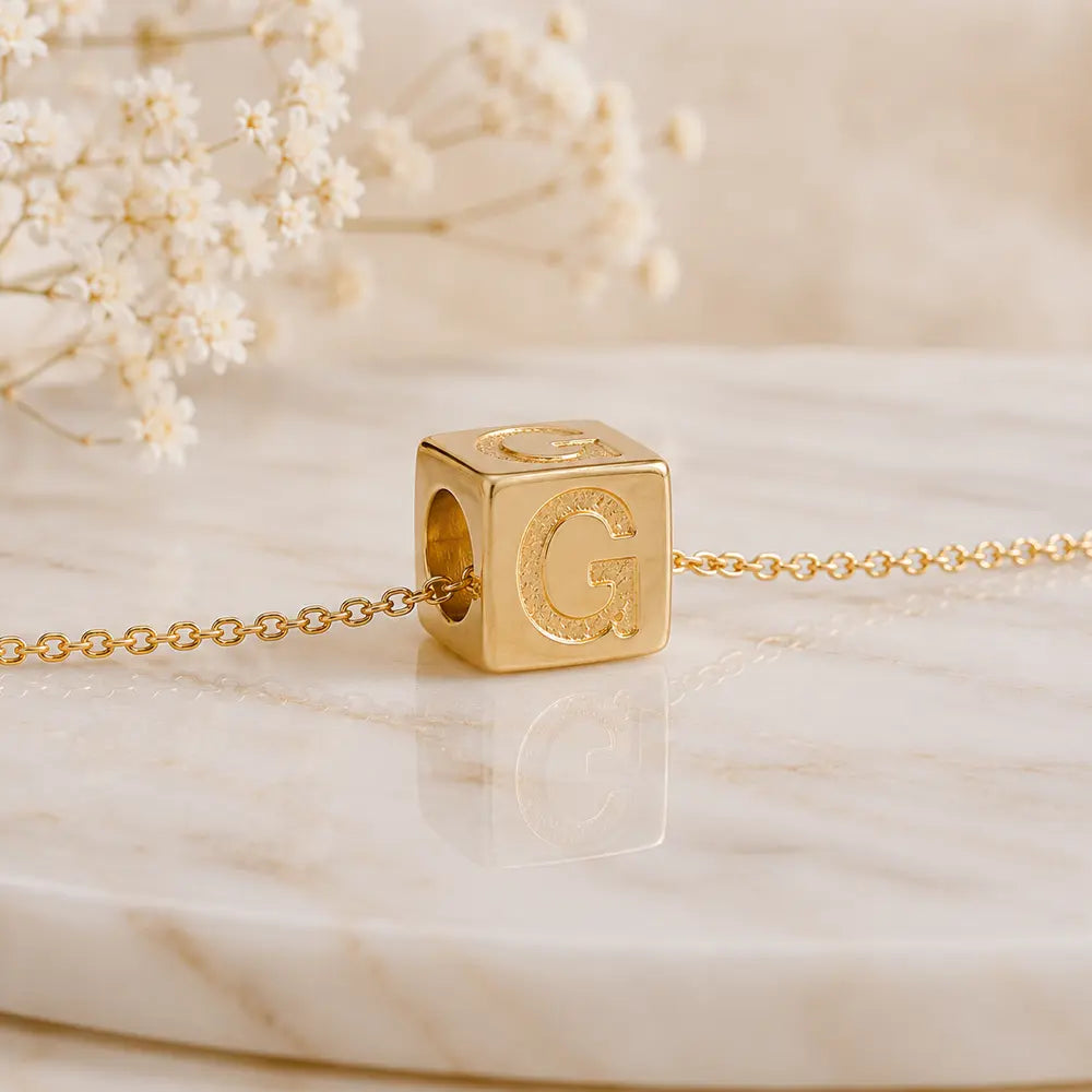 3+1 Aktion - Buchstaben Würfel Anhänger Damen 585 Gold teilmattiert - Optional mit Ankerkette 45cm