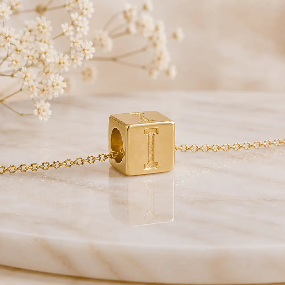 3+1 Aktion - Buchstaben Würfel Anhänger Damen 585 Gold teilmattiert - Optional mit Ankerkette 45cm