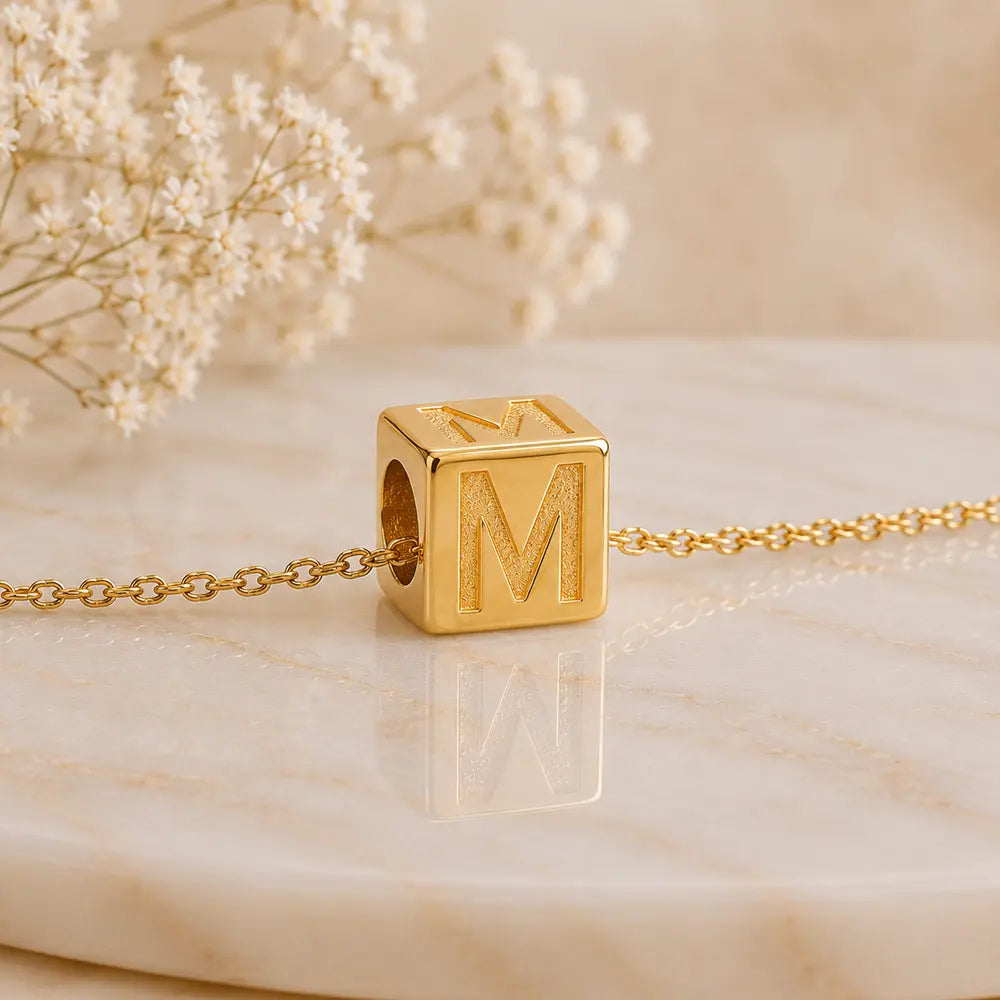 3+1 Aktion - Buchstaben Würfel Anhänger Damen 585 Gold teilmattiert - Optional mit Ankerkette 45cm
