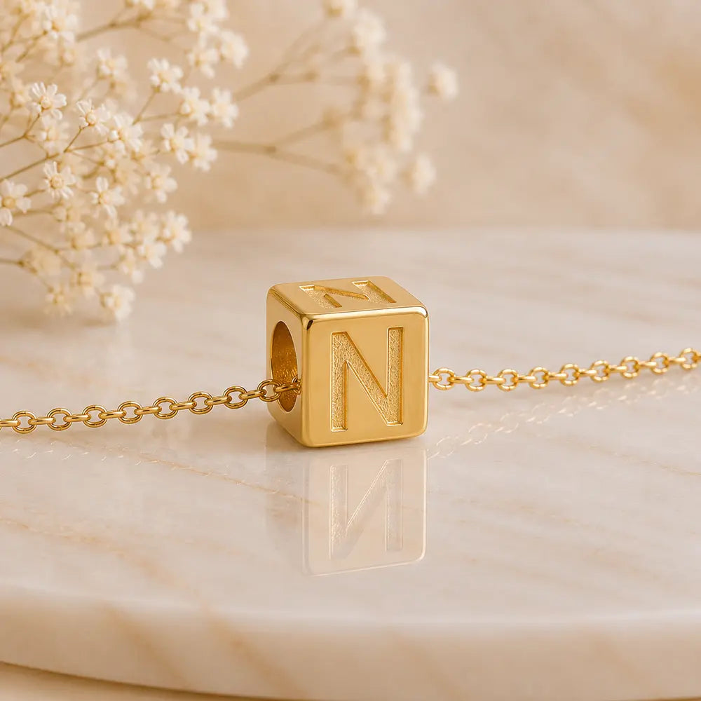 3+1 Aktion - Buchstaben Würfel Anhänger Damen 585 Gold teilmattiert - Optional mit Ankerkette 45cm