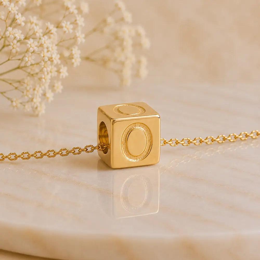 3+1 Aktion - Buchstaben Würfel Anhänger Damen 585 Gold teilmattiert - Optional mit Ankerkette 45cm