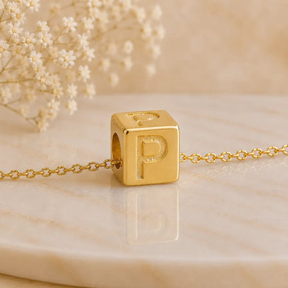 3+1 Aktion - Buchstaben Würfel Anhänger Damen 585 Gold teilmattiert - Optional mit Ankerkette 45cm