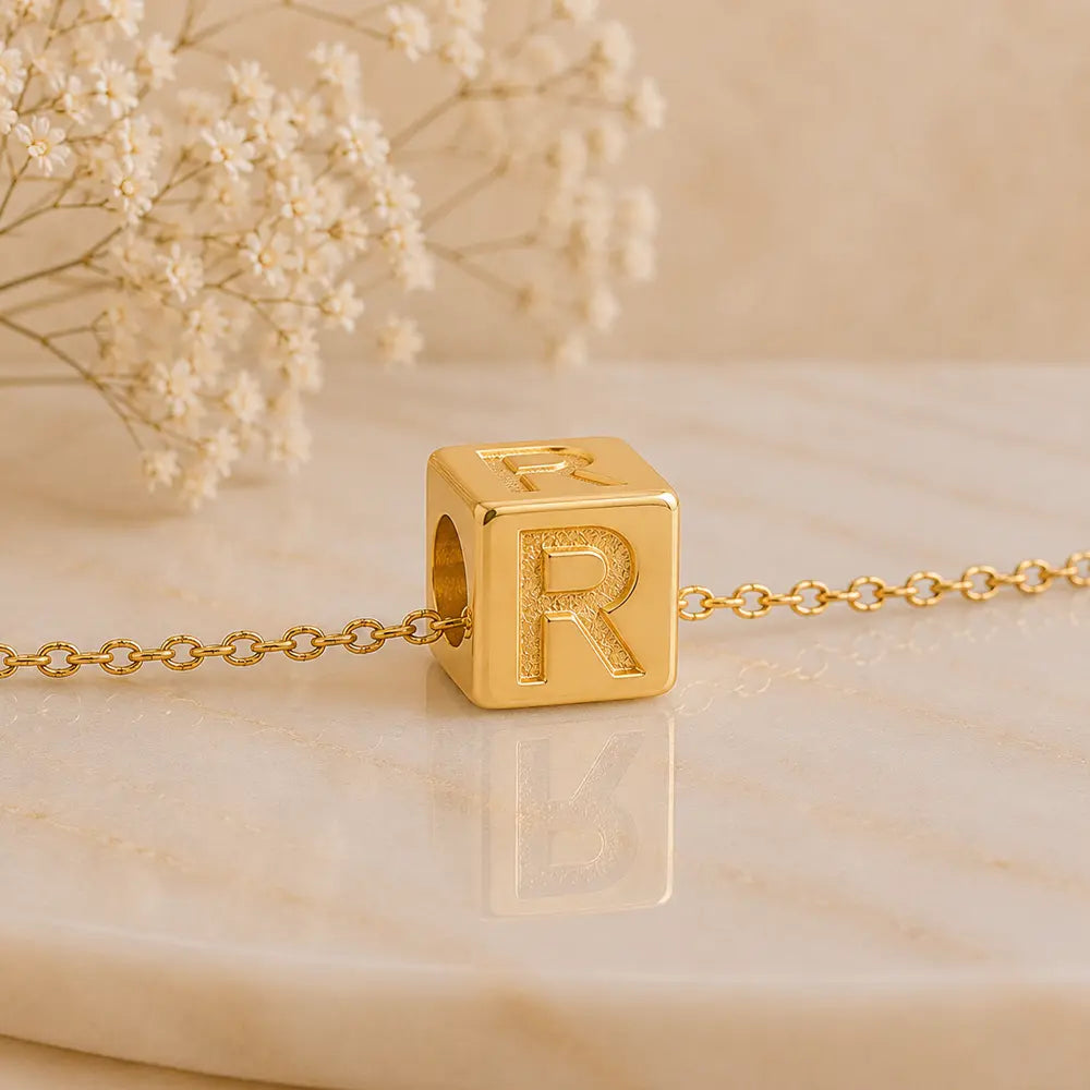 3+1 Aktion - Buchstaben Würfel Anhänger Damen 585 Gold teilmattiert - Optional mit Ankerkette 45cm