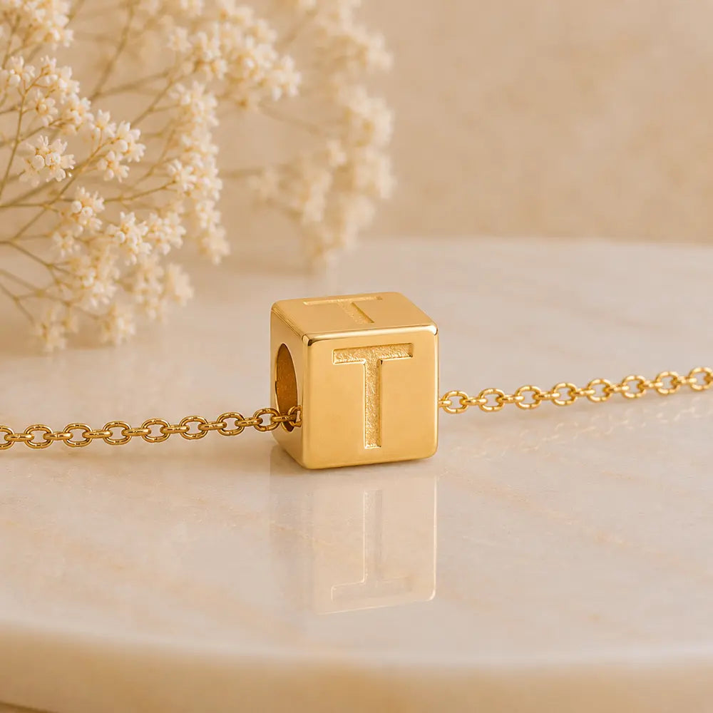 3+1 Aktion - Buchstaben Würfel Anhänger Damen 585 Gold teilmattiert - Optional mit Ankerkette 45cm