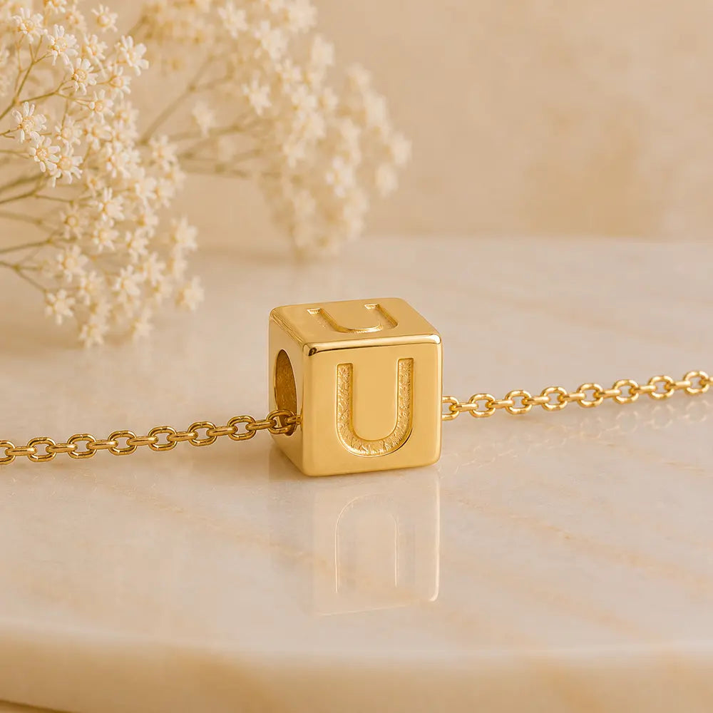 3+1 Aktion - Buchstaben Würfel Anhänger Damen 585 Gold teilmattiert - Optional mit Ankerkette 45cm
