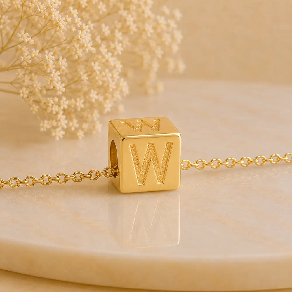 3+1 Aktion - Buchstaben Würfel Anhänger Damen 585 Gold teilmattiert - Optional mit Ankerkette 45cm