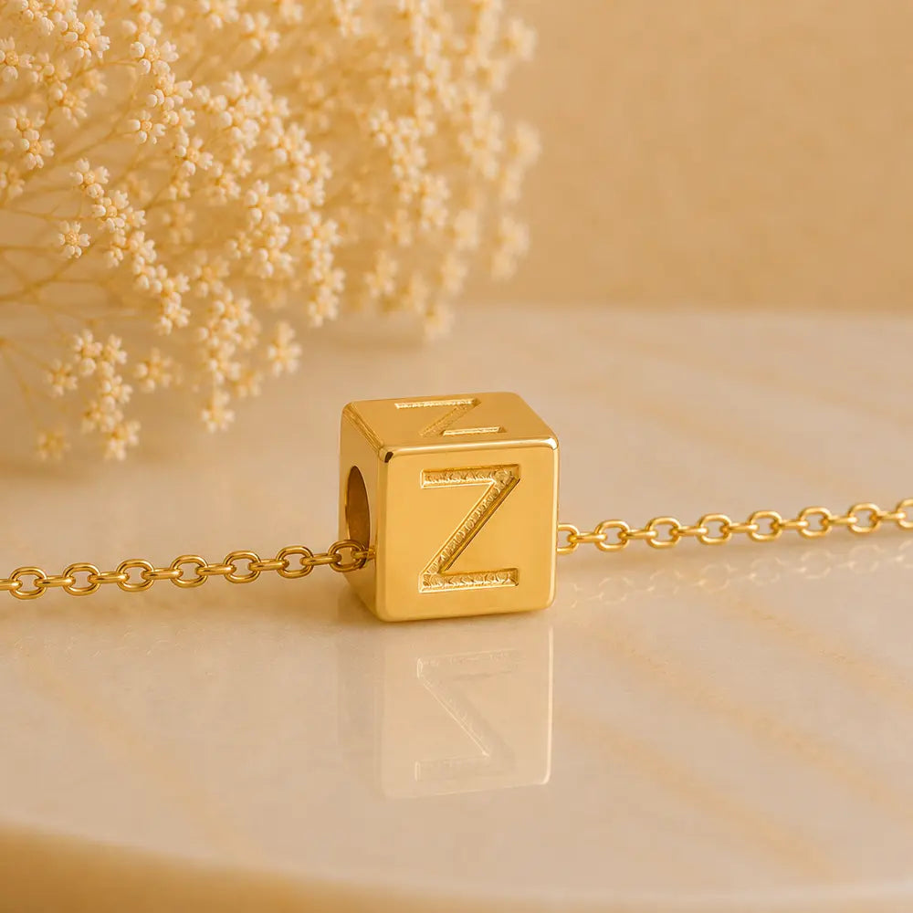 3+1 Aktion - Buchstaben Würfel Anhänger Damen 585 Gold teilmattiert - Optional mit Ankerkette 45cm