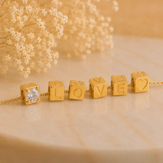 3+1 Aktion - Buchstaben Würfel Anhänger Damen 585 Gold teilmattiert - Optional mit Ankerkette 45cm
