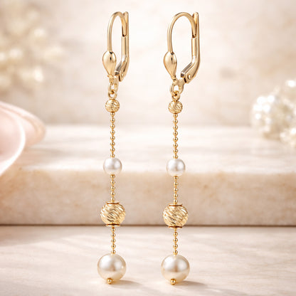 Damen Ohrhänger 585 Gelbgold 5,7cm diamantierte Goldkugeln & weiße Süßwasserzuchtperlen