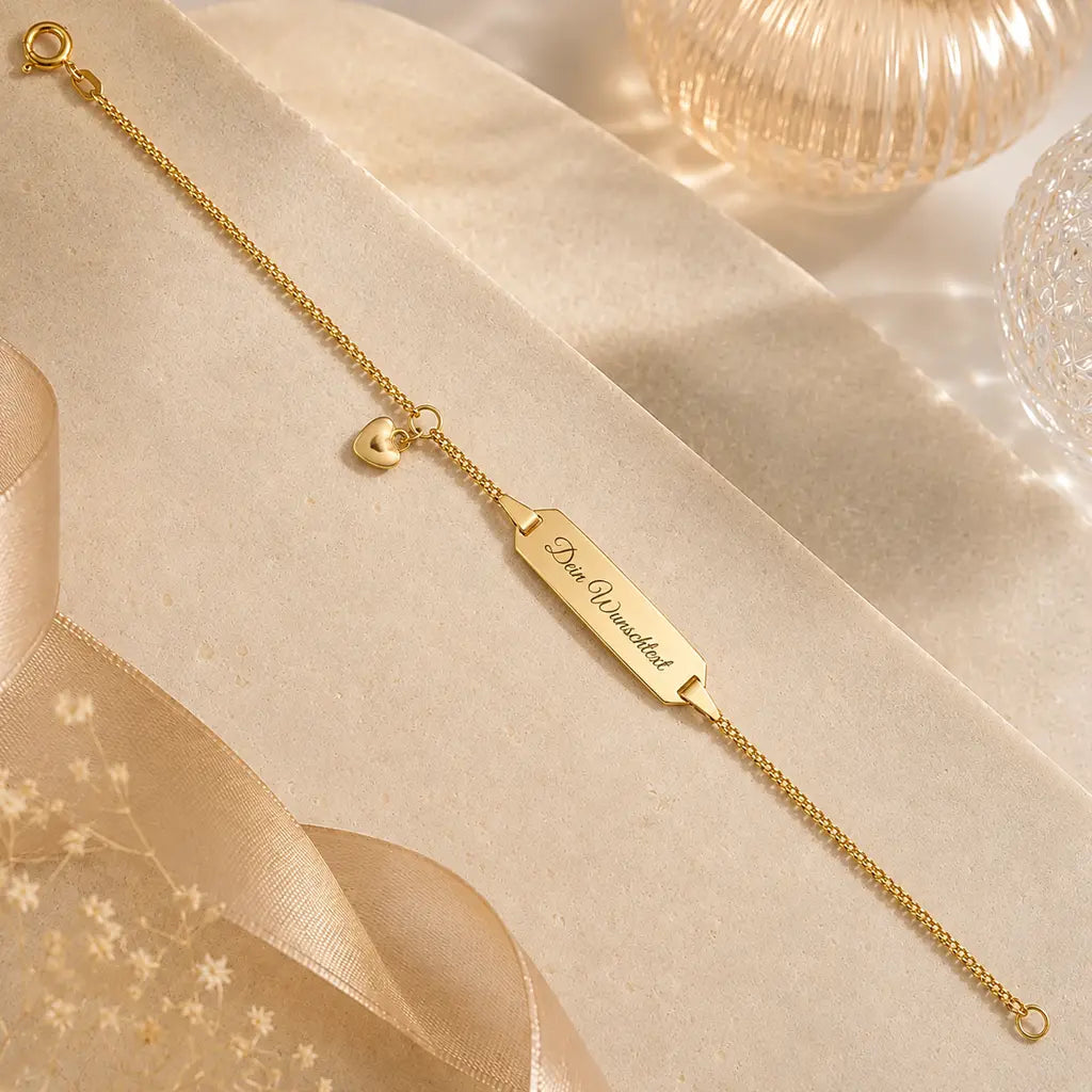 ID-Schildarmband Kinder 585 Gold Herz gravierbar - Armkette 14cm - Made in Germany