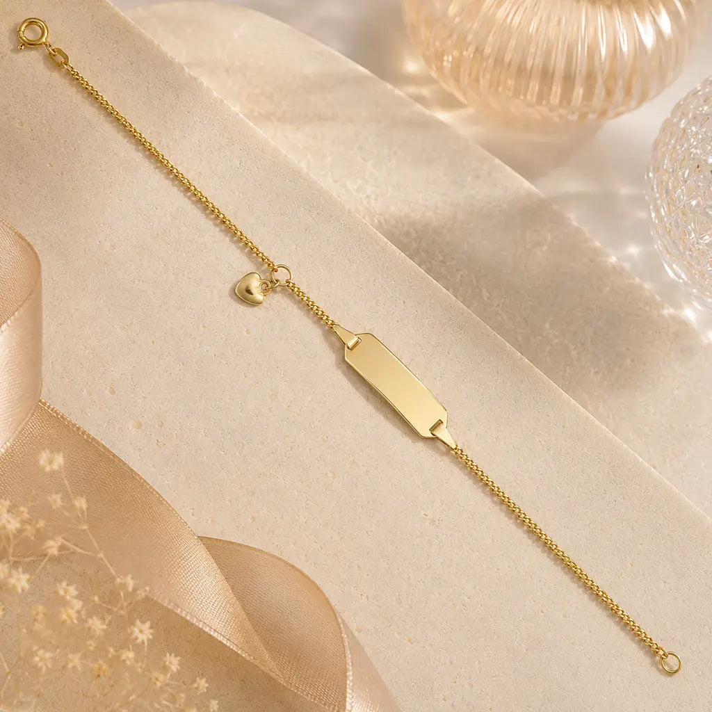 ID-Schildarmband Kinder 585 Gold Herz gravierbar - Armkette 14cm - Made in Germany