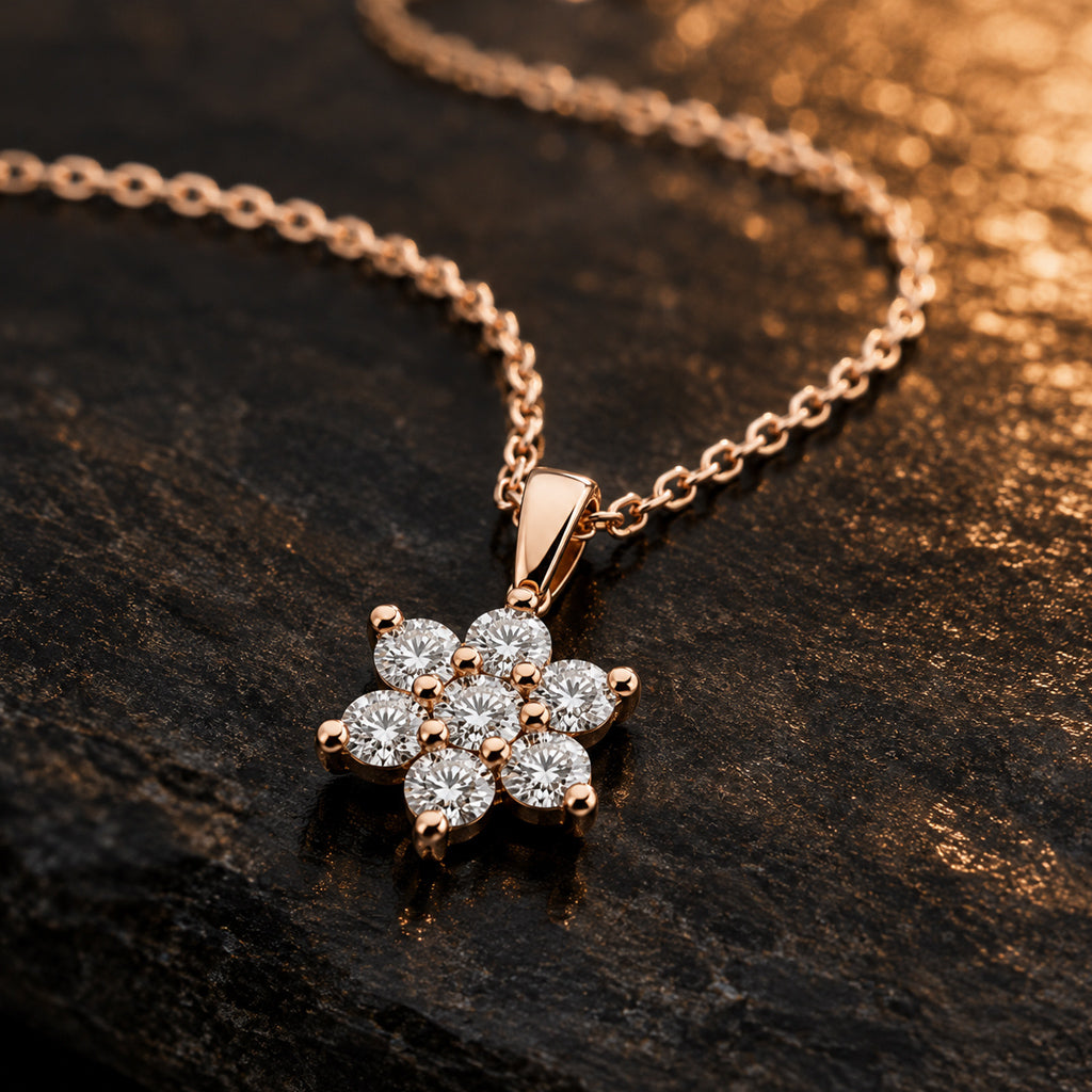 Blumenanhänger Damen 585 Rotgold mit 7 Diamanten Brillanten 0,14 ct W/SI - optional mit Ankerkette 42cm