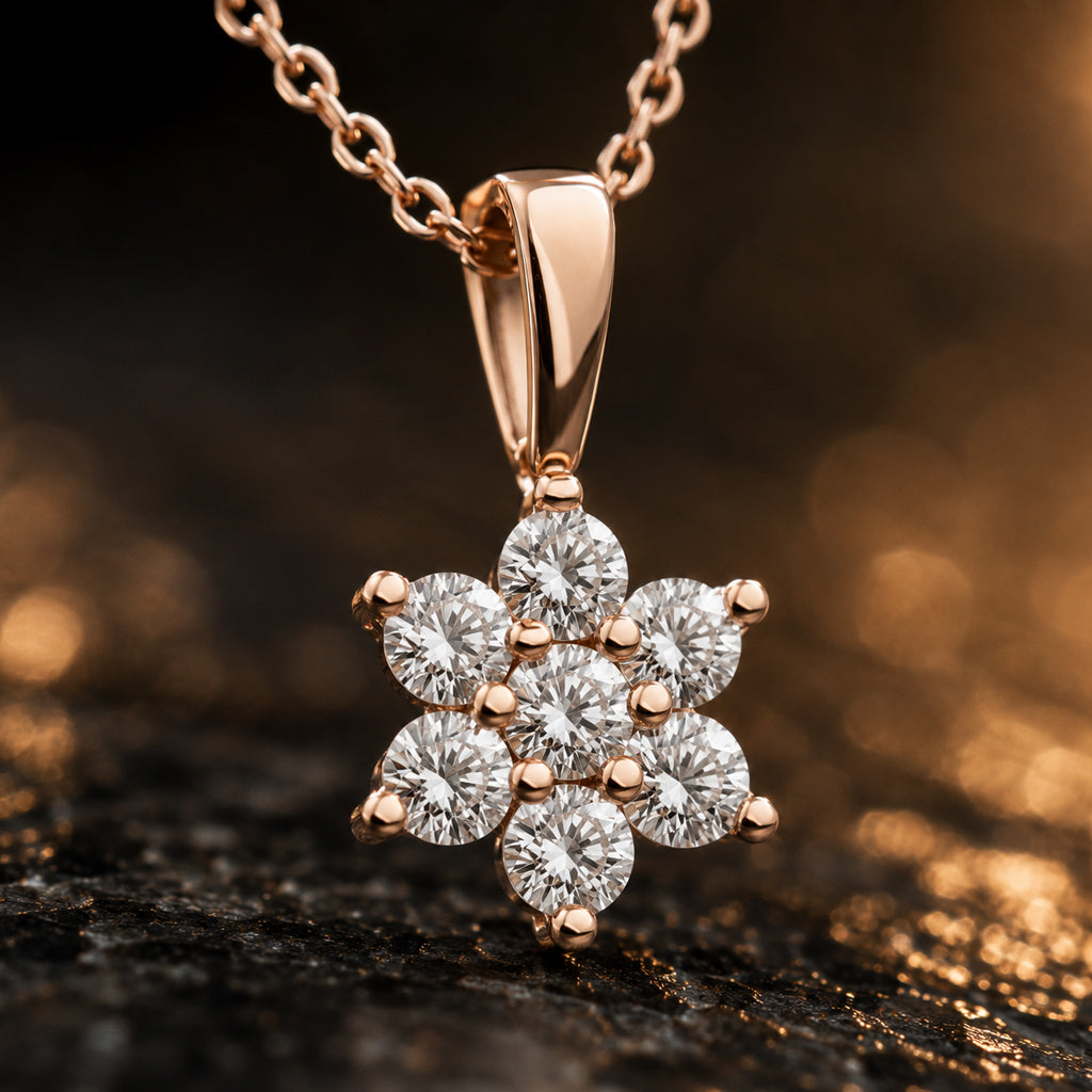 Blumenanhänger Damen 585 Rotgold mit 7 Diamanten Brillanten 0,14 ct W/SI - optional mit Ankerkette 42cm