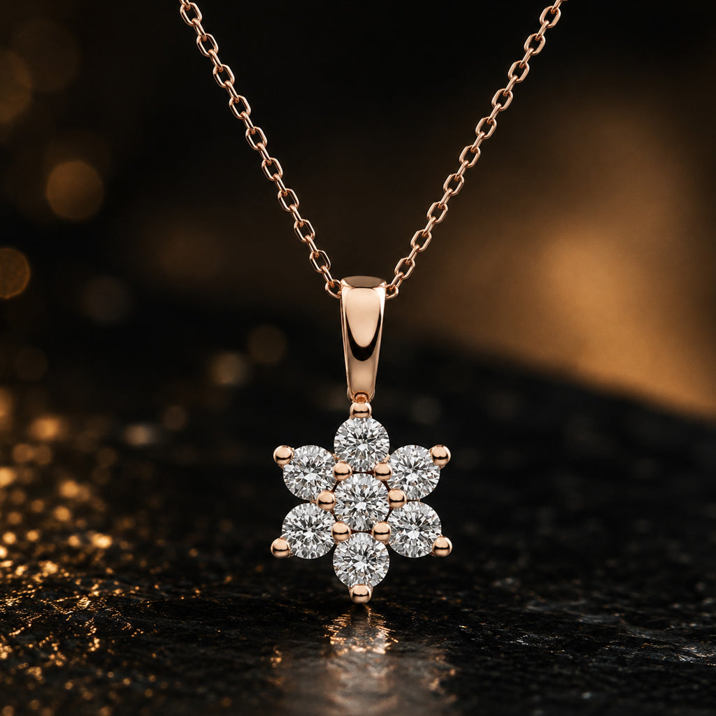 Blumenanhänger Damen 585 Rotgold mit 7 Diamanten Brillanten 0,14 ct W/SI - optional mit Ankerkette 42cm