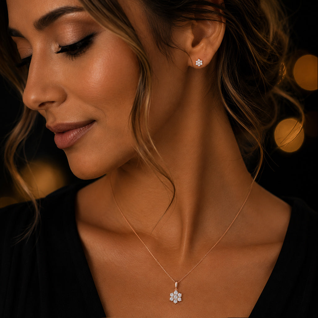 Blumenanhänger Damen 585 Rotgold mit 7 Diamanten Brillanten 0,14 ct W/SI - optional mit Ankerkette 42cm