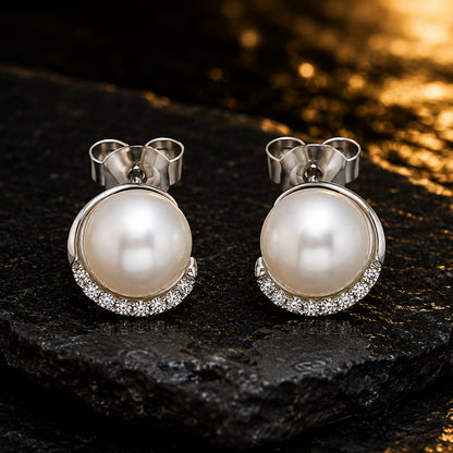Perlen Ohrstecker Damen 585 Weißgold Süßwasserperlen mit 16 Diamanten Brillanten 0,10 ct