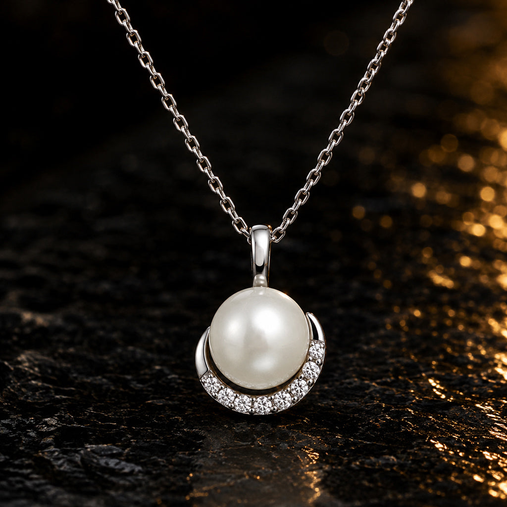 Perlenanhänger Damen 585 Weißgold mit Süßwasserperle und 8 Diamanten Brillanten 0,10 ct - optional mit Ankerkette 45cm