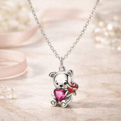 Kette mit Anhänger aus 925er Sterling Silber, Liebes Teddy mit Herz und Rose