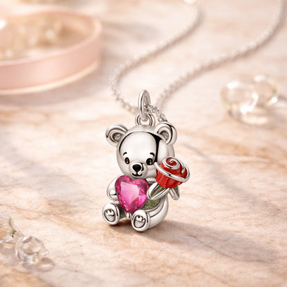 Kette mit Anhänger aus 925er Sterling Silber, Liebes Teddy mit Herz und Rose
