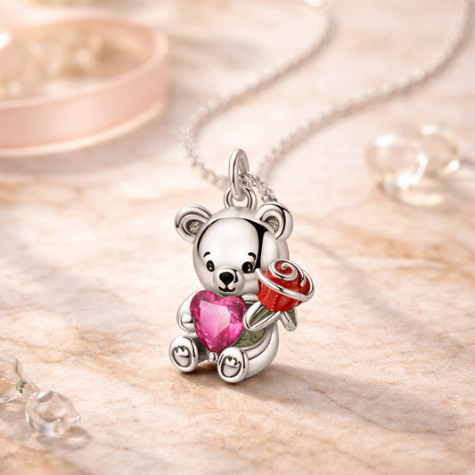 Kette mit Anhänger aus 925er Sterling Silber, Liebes Teddy mit Herz und Rose