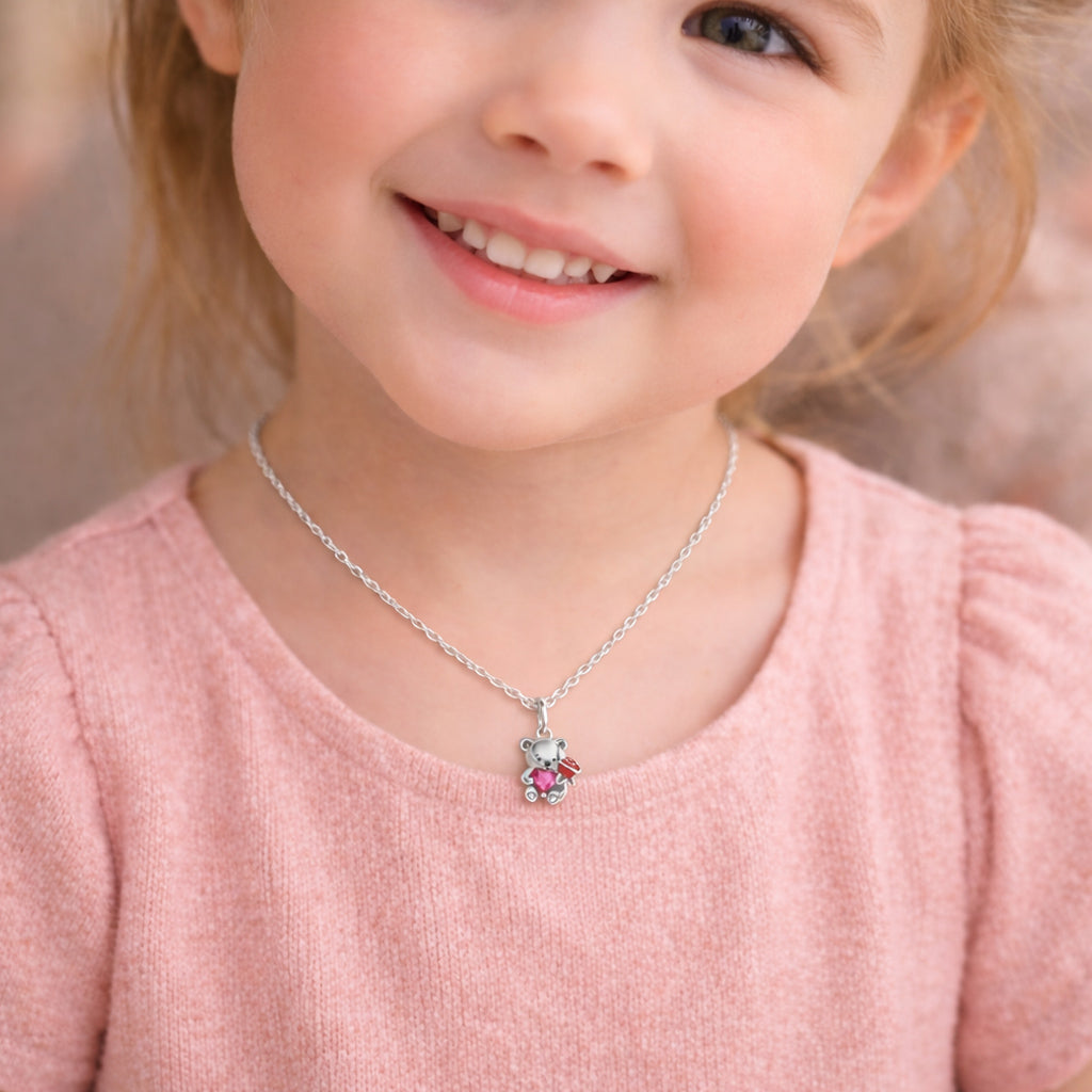 Kette mit Anhänger aus 925er Sterling Silber, Liebes Teddy mit Herz und Rose