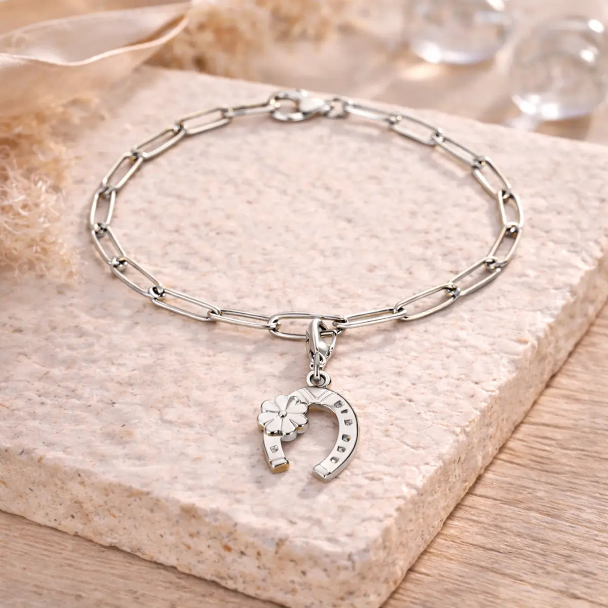 Charm Damen 925 Sterling Silber - vergoldet oder rhodiniert - Hufeisen Kleeblatt 24mm