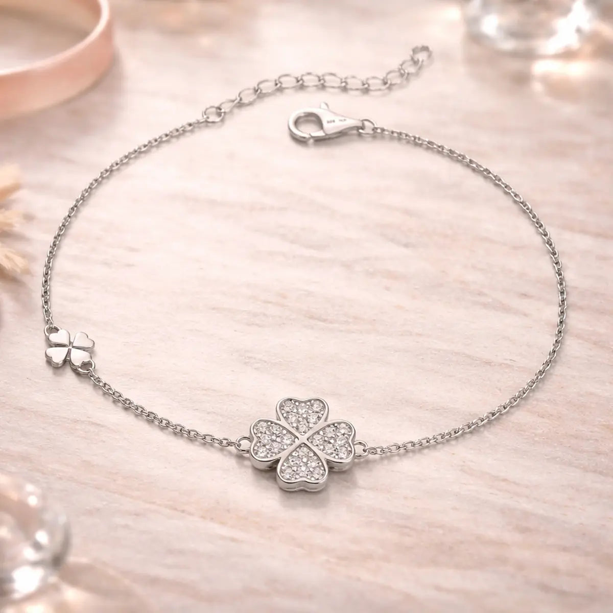 Damen Armband 925 Sterling Silber Zirkonia Kleeblatt - 17,5cm
