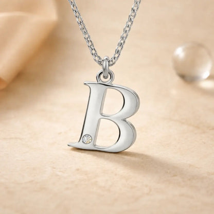 Buchstaben-Anhänger mit Kette 925er Sterling Silber mit Diamant – Flachpanzerkette 45cm