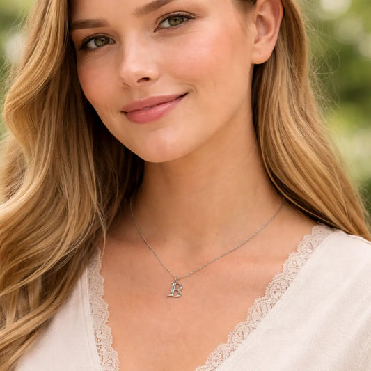 Buchstaben-Anhänger mit Kette 925er Sterling Silber mit Diamant – Flachpanzerkette 45cm