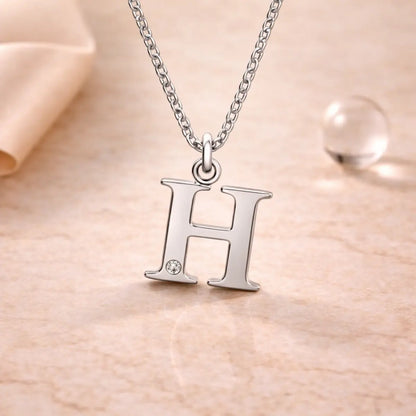Buchstaben-Anhänger mit Kette 925er Sterling Silber mit Diamant – Flachpanzerkette 45cm