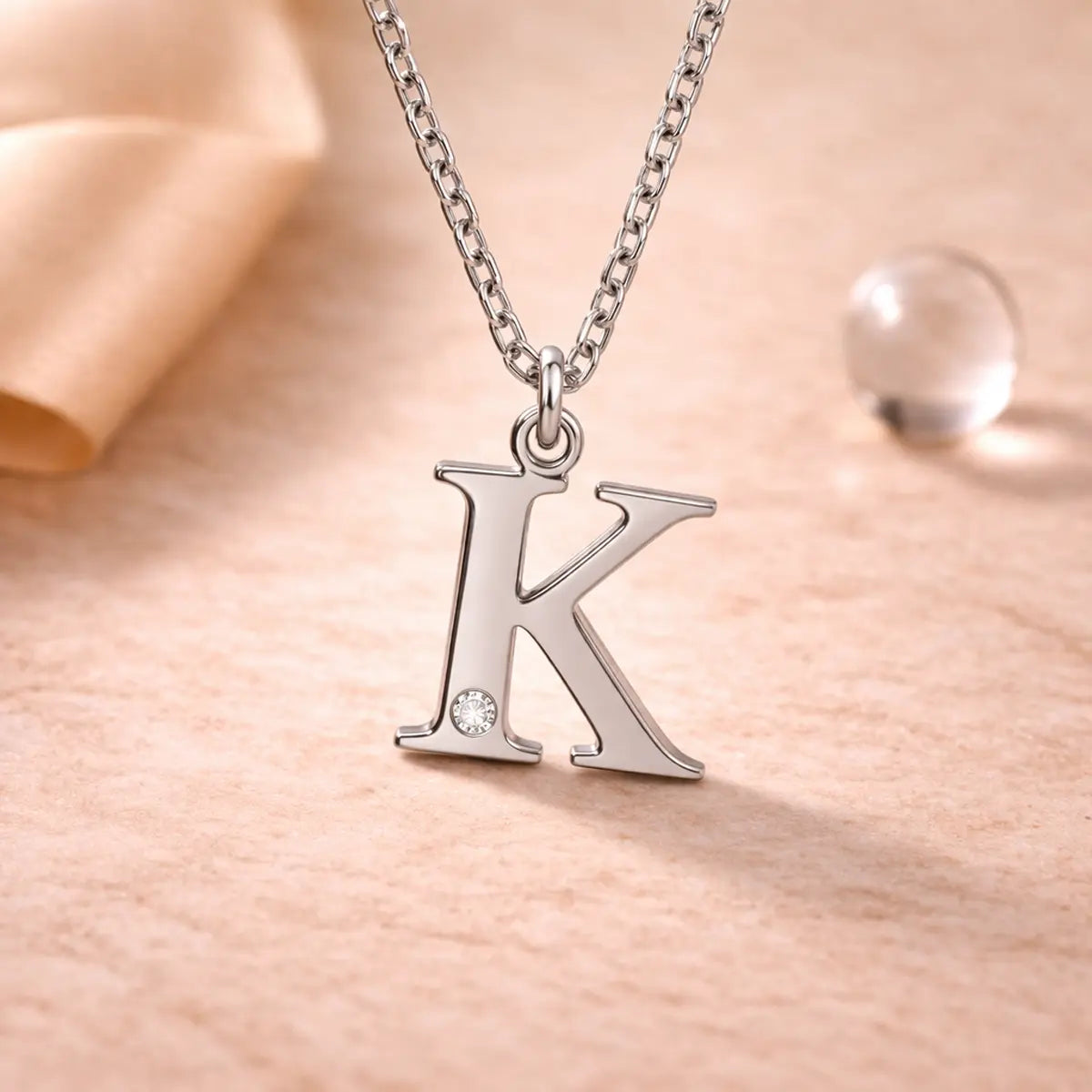 Buchstaben-Anhänger mit Kette 925er Sterling Silber mit Diamant – Flachpanzerkette 45cm