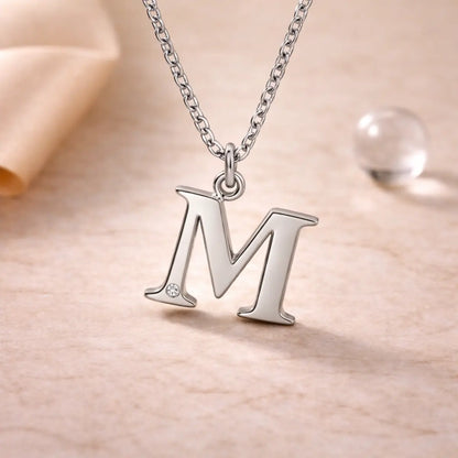 Buchstaben-Anhänger mit Kette 925er Sterling Silber mit Diamant – Flachpanzerkette 45cm