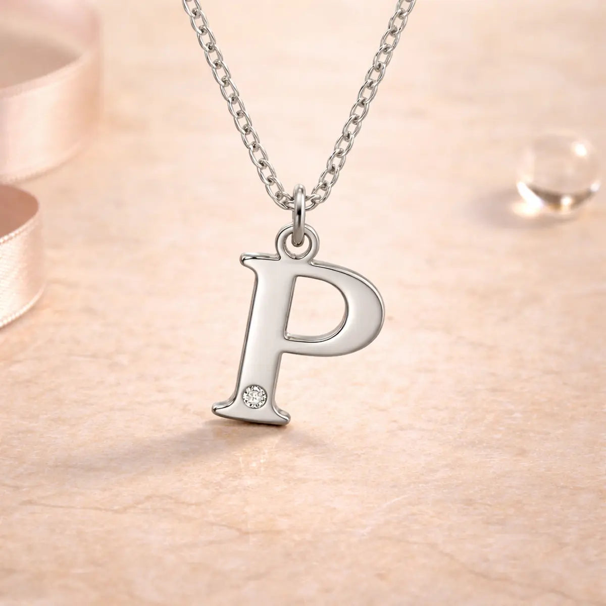 Buchstaben-Anhänger mit Kette 925er Sterling Silber mit Diamant – Flachpanzerkette 45cm