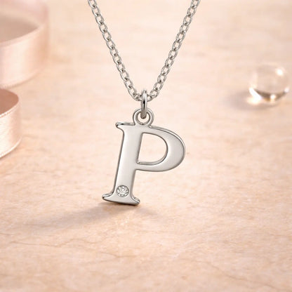 Buchstaben-Anhänger mit Kette 925er Sterling Silber mit Diamant – Flachpanzerkette 45cm
